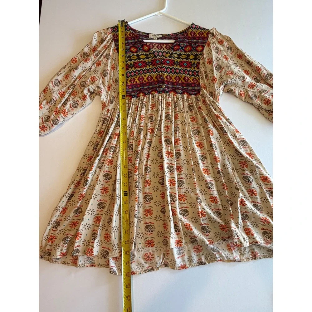 Umgee Boho Mixed Print Babydoll Tunic Dress Womens Pink Geometric M - Picture 3 of 6